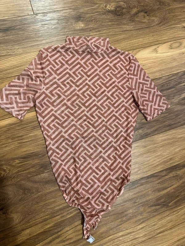 Missguided Missguided Sheer Mesh Geometric Print Bodysuit | Pink Brown | UK 10