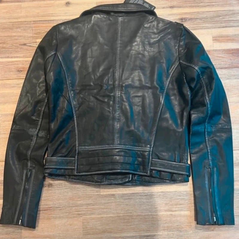 Barneys Originals Barneys Originals Real Leather Biker Jacket Black Moto Zip Belted Cropped Size 6