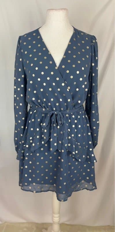 Quiz UK 16 Quiz Blue Gold Foil Polka Dot Chiffon Skater Mini Dress Wrap Long Sleeve Party Dress