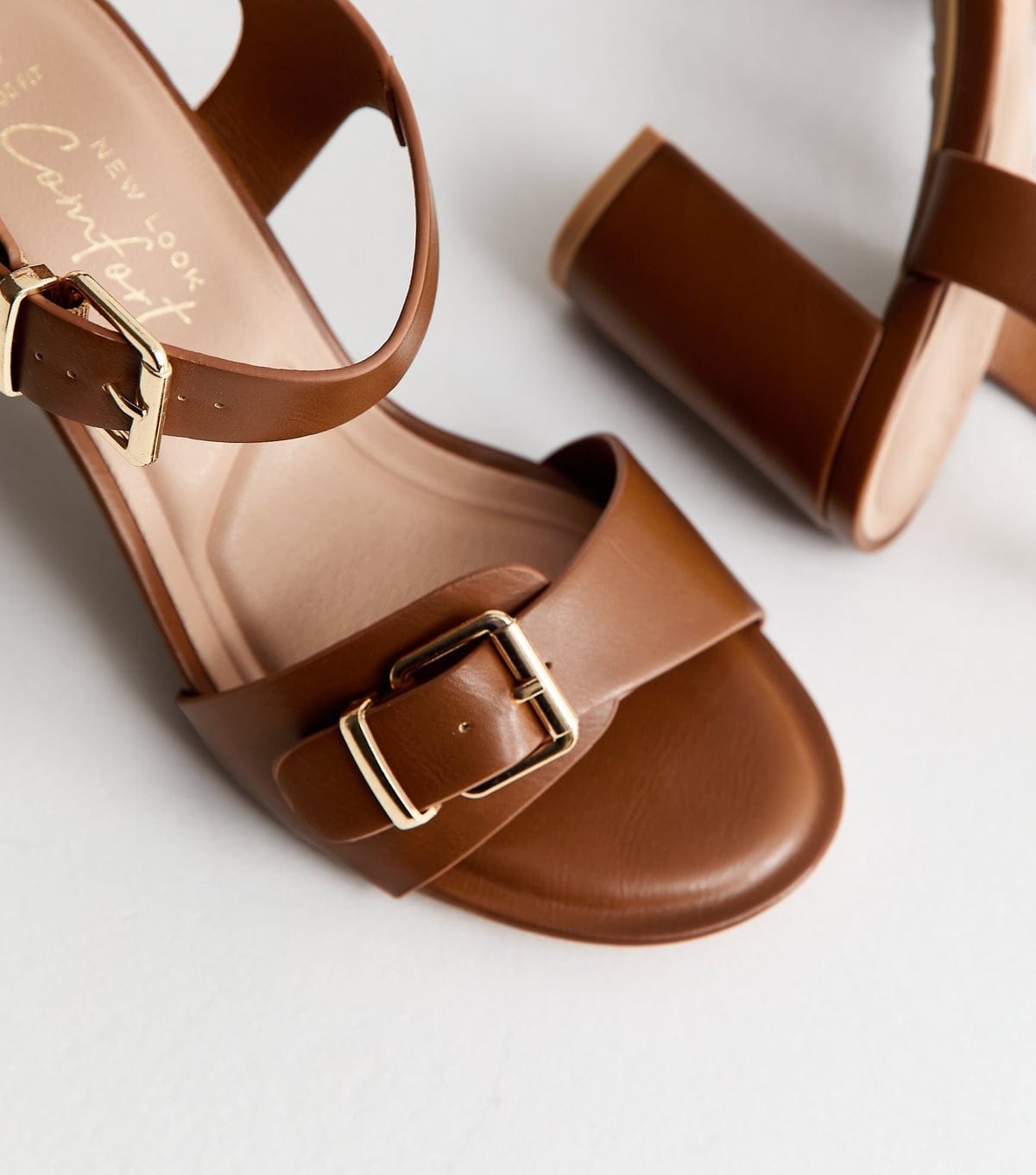 New Look Women's Wide Fit Tan Double Buckle Block Heel Sandals Vegan New Look - 4