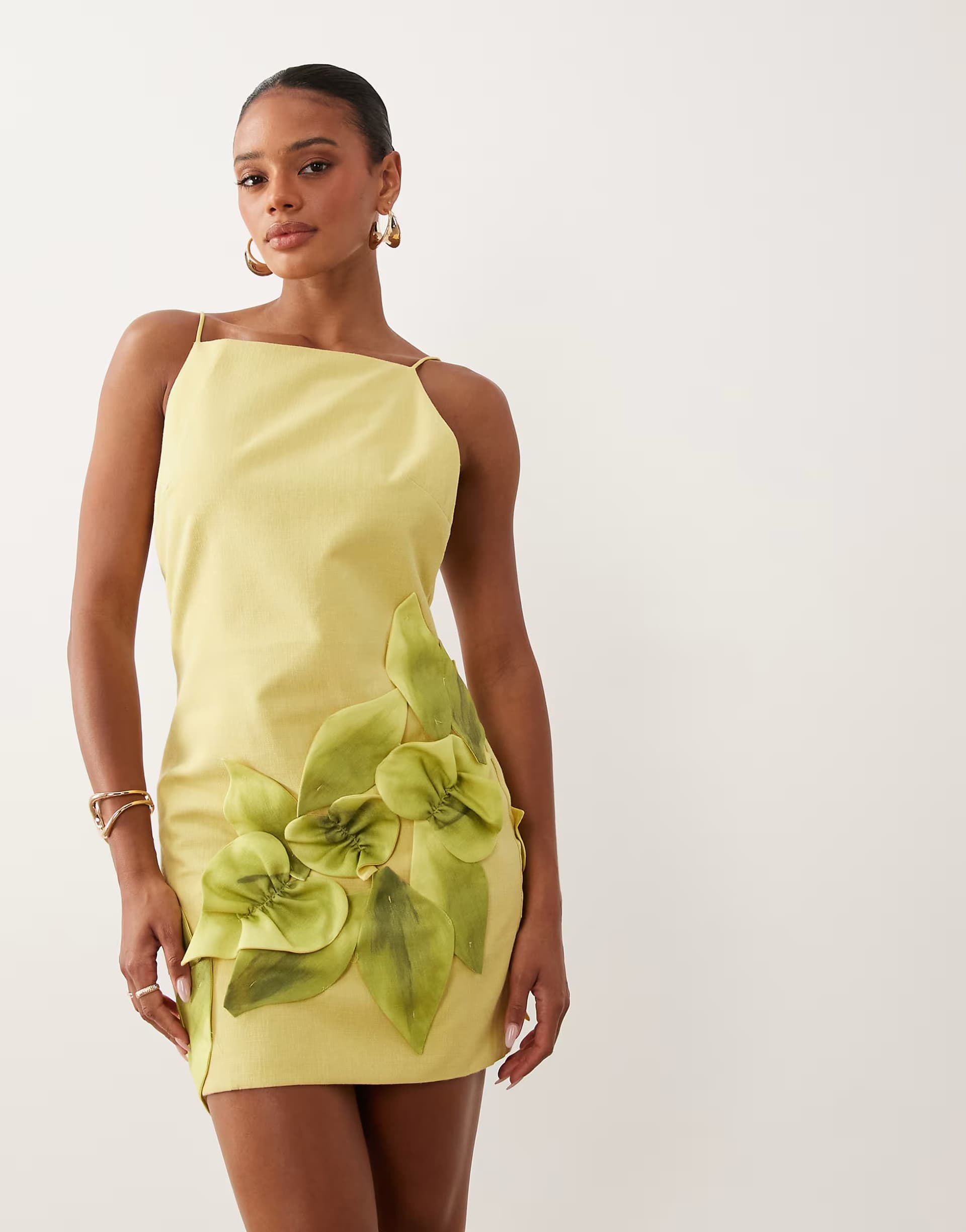 ASOS ASOS DESIGN embroidered 3d leaves mini cami dress in lime green