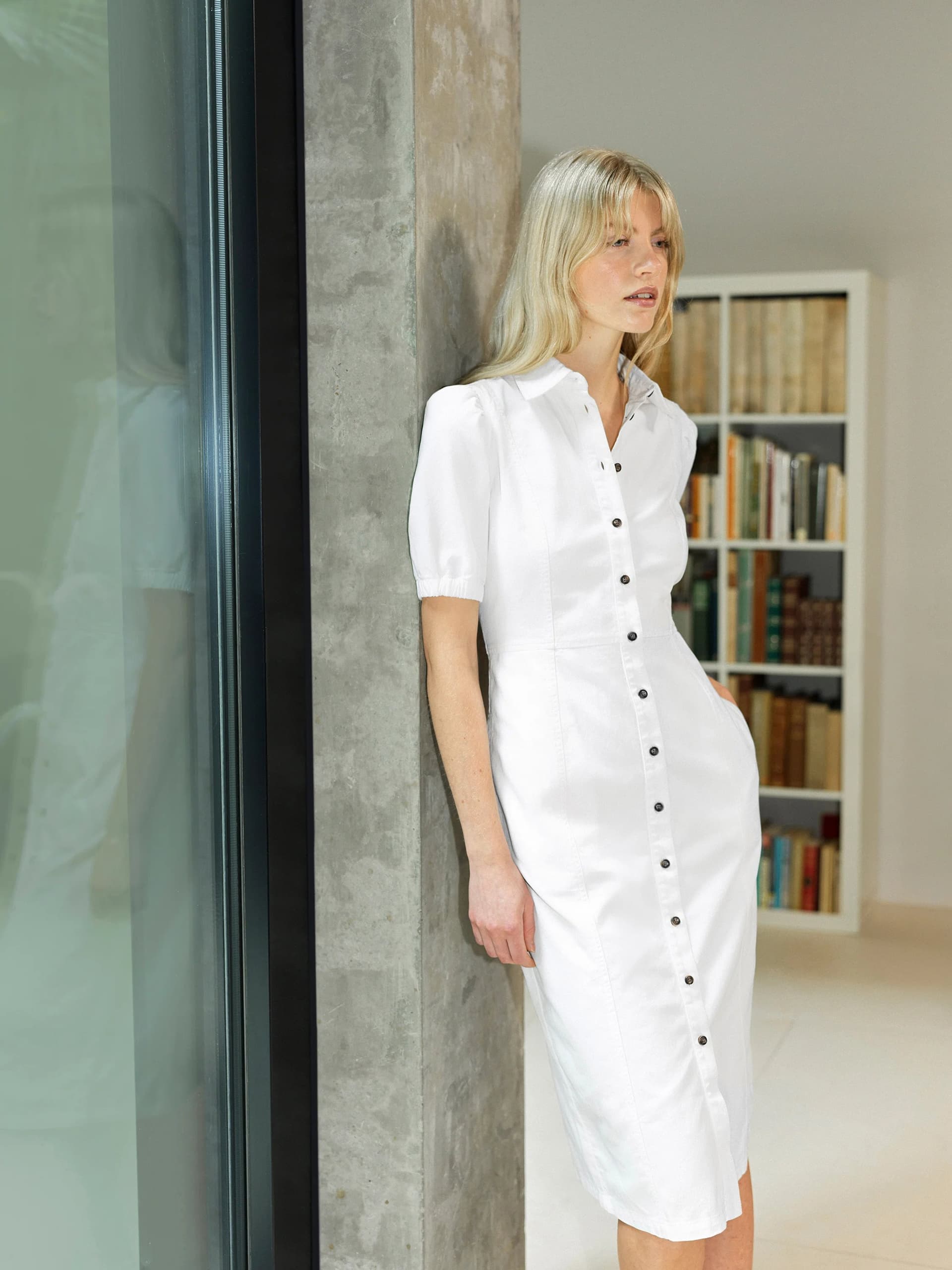 French Connection Chambray Denim Button Through Shirt Dress Ecru