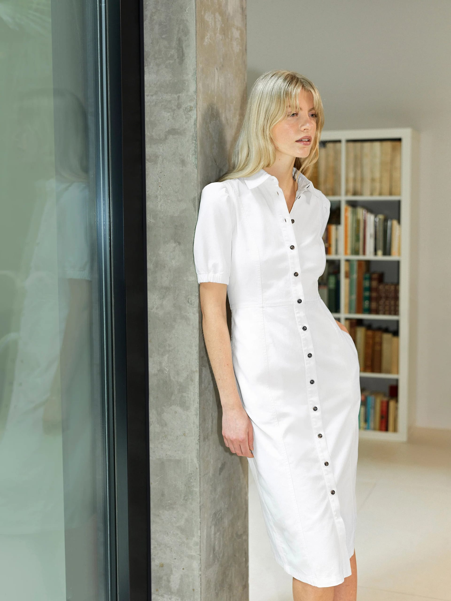 French Connection Cream Chambray Button-Through Shirt Dress