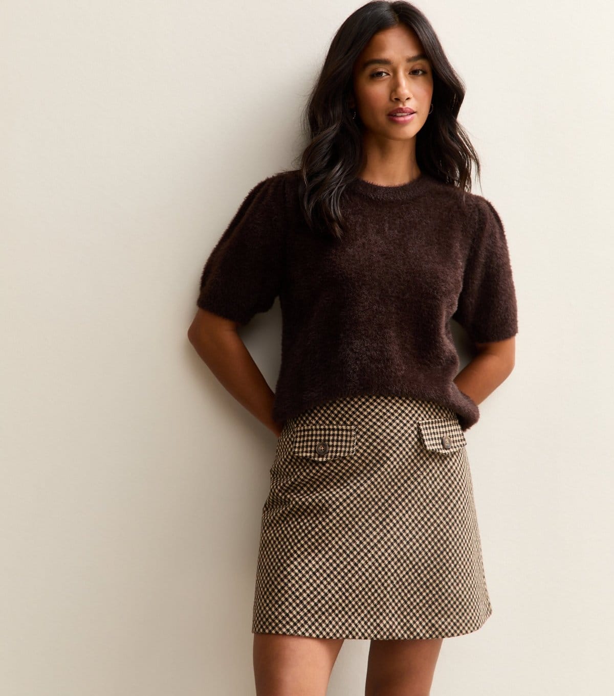 New Look Women's Petite Brown Brushed Checked Mini Skirt New Look - 1