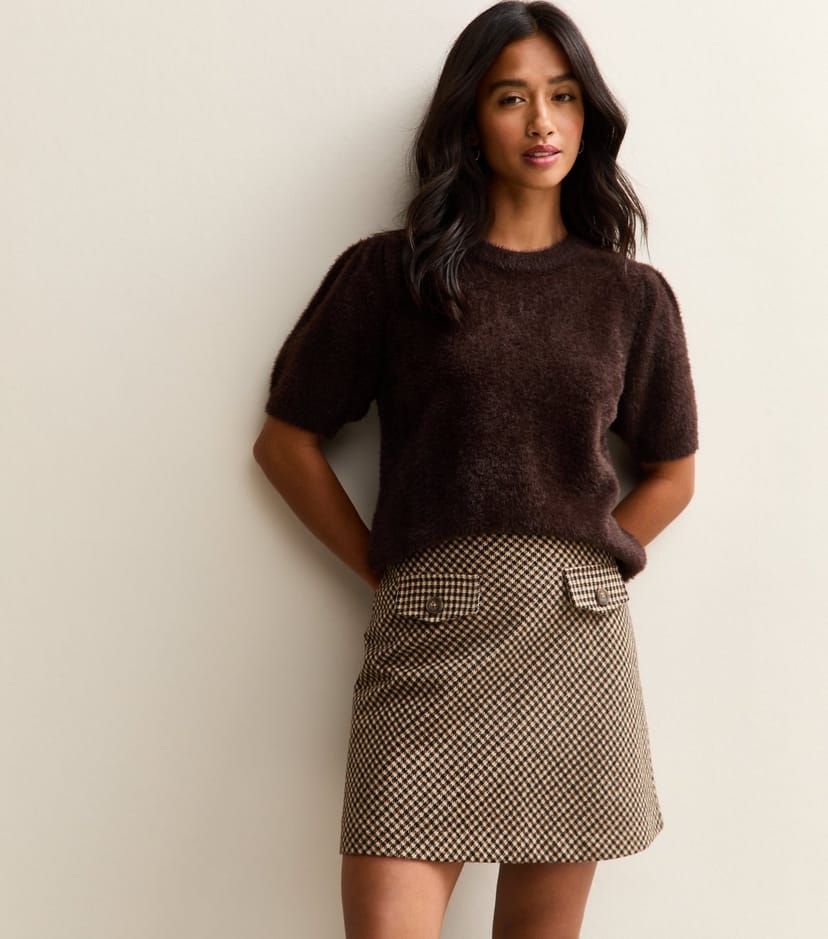 New Look Women's Petite Brown Brushed Checked Mini Skirt New Look - 1