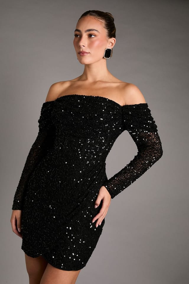 Coast Coast Women's Sequin Party Bardot Long Sleeve Wrap Skirt Mini Dress in Black - 2