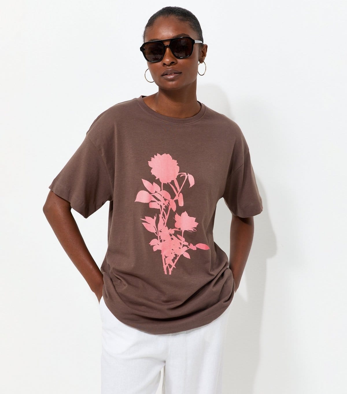 New Look Dark Brown Floral Oversized T-Shirt