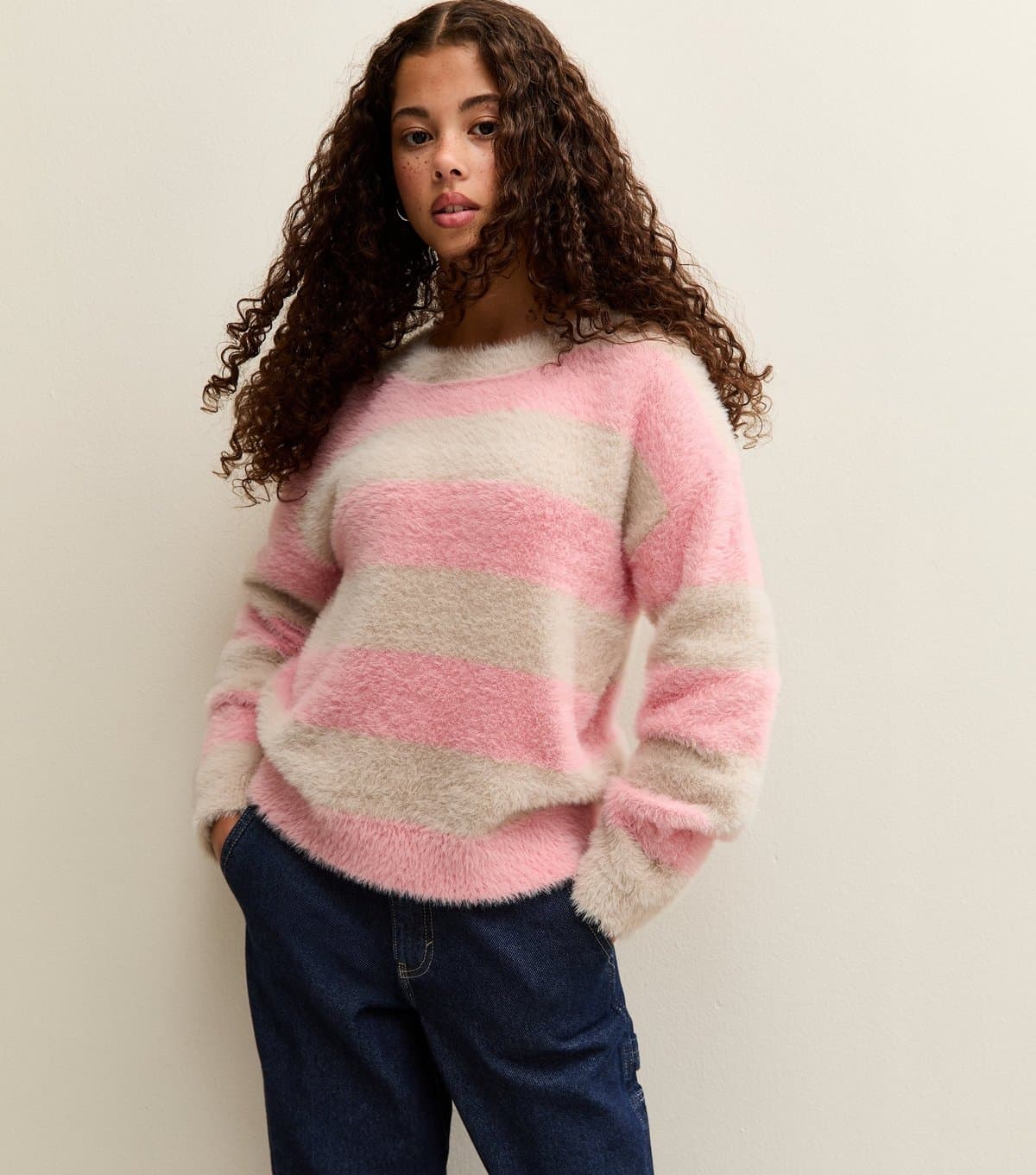 New Look Girls' Pink and Cream Fluffy Striped Jumper New Look