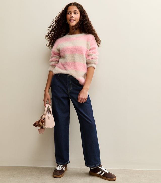 New Look Girls' Pink and Cream Fluffy Striped Jumper New Look - 3