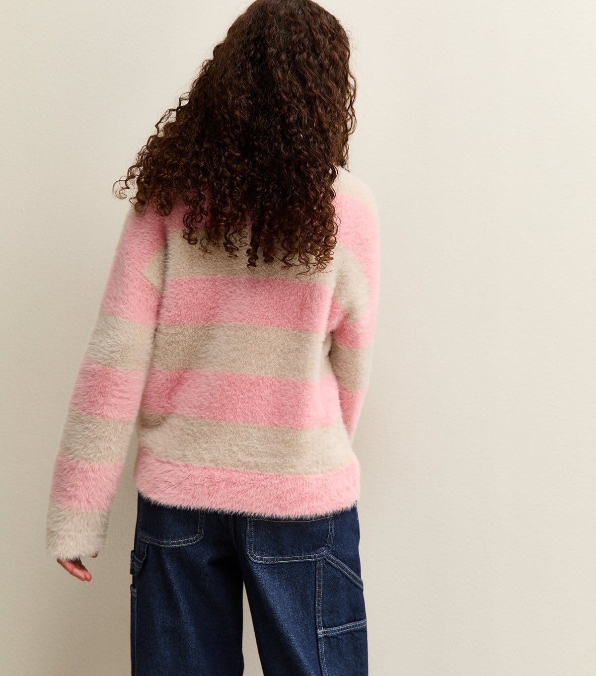 New Look Girls' Pink and Cream Fluffy Striped Jumper New Look - 4