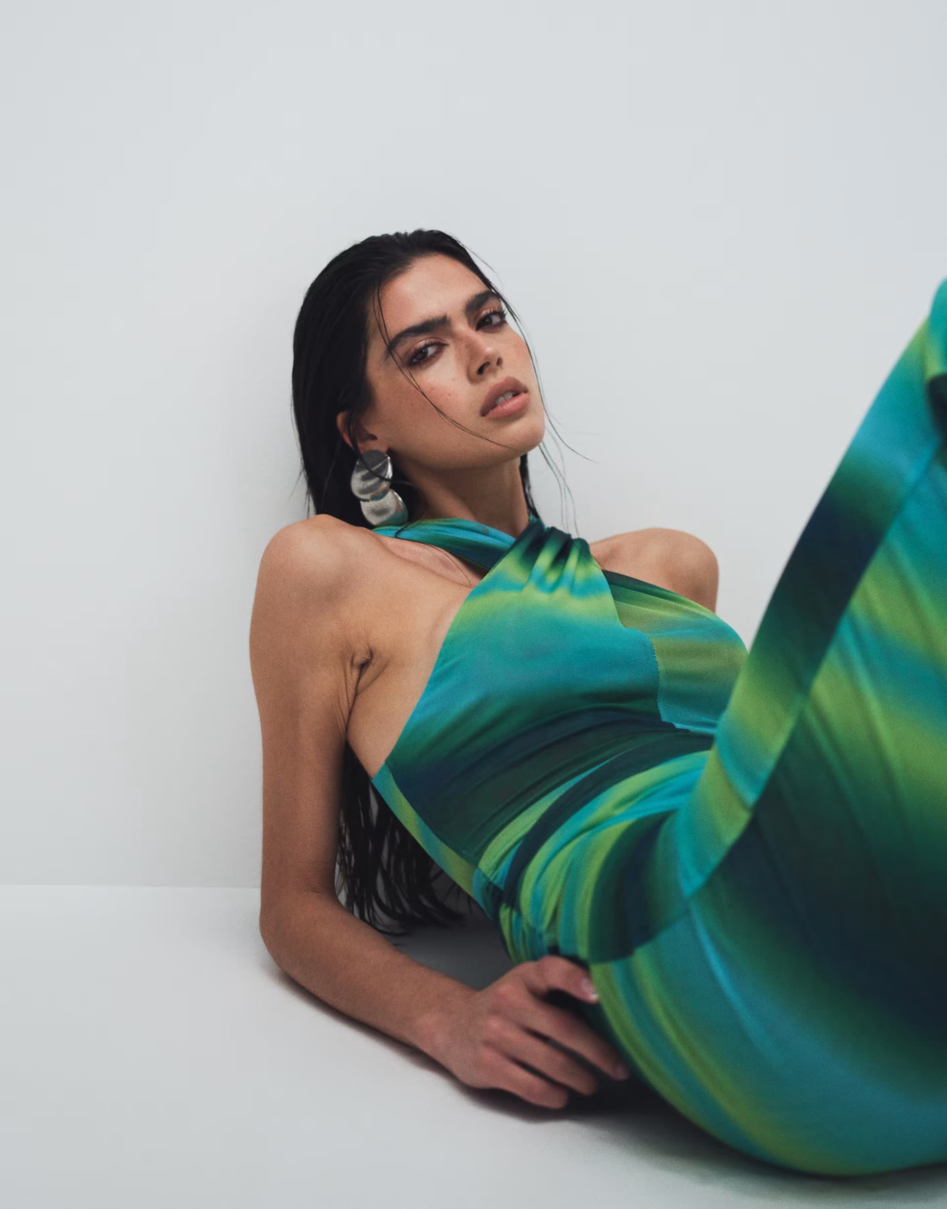ASOS Ruched & Ready mesh cross front racer drape waist detail maxi dress in blue and green ombre