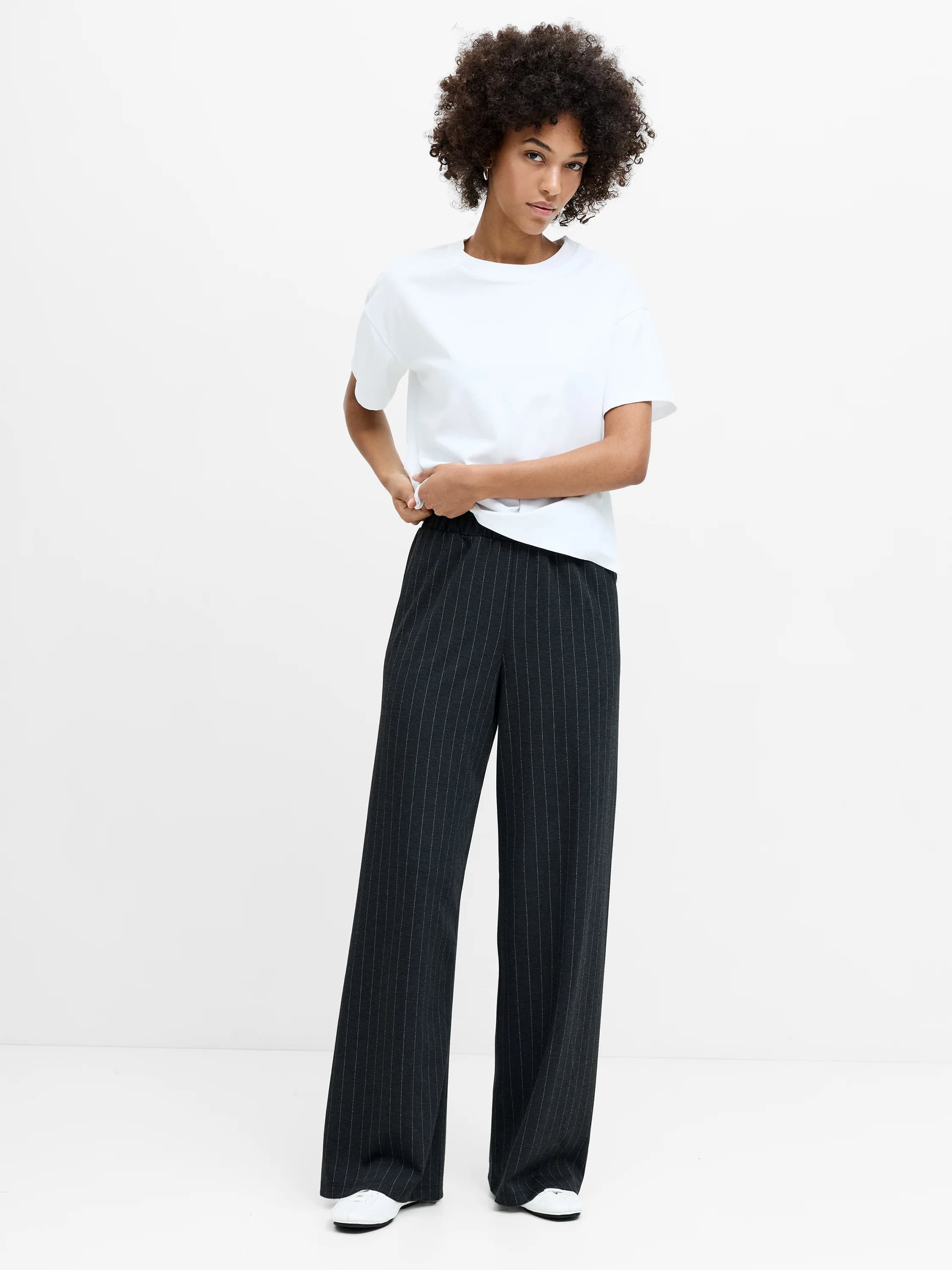 French Connection Sarai Grey Pinstripe Pull-On Wide Leg Trousers Grey/White