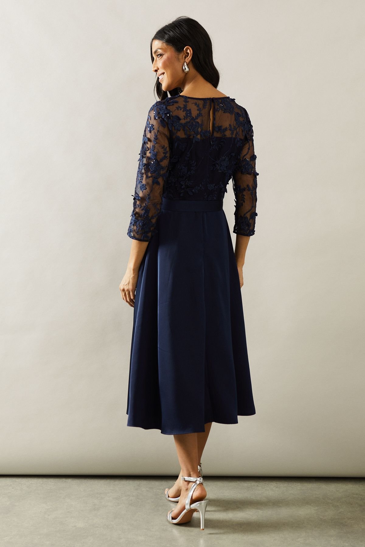 Wallis Wallis Women's Occasion Satin & Mesh Overlay Fit & Flare Dress in Navy - 3