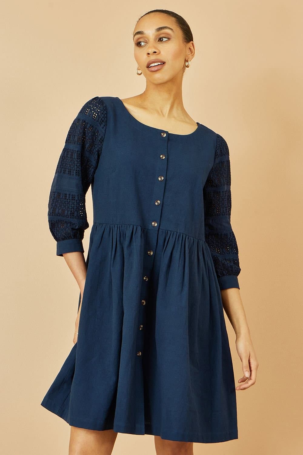 Yumi Yumi Women's Navy Cotton Tunic With Broderie Anglaise Puff Sleeves