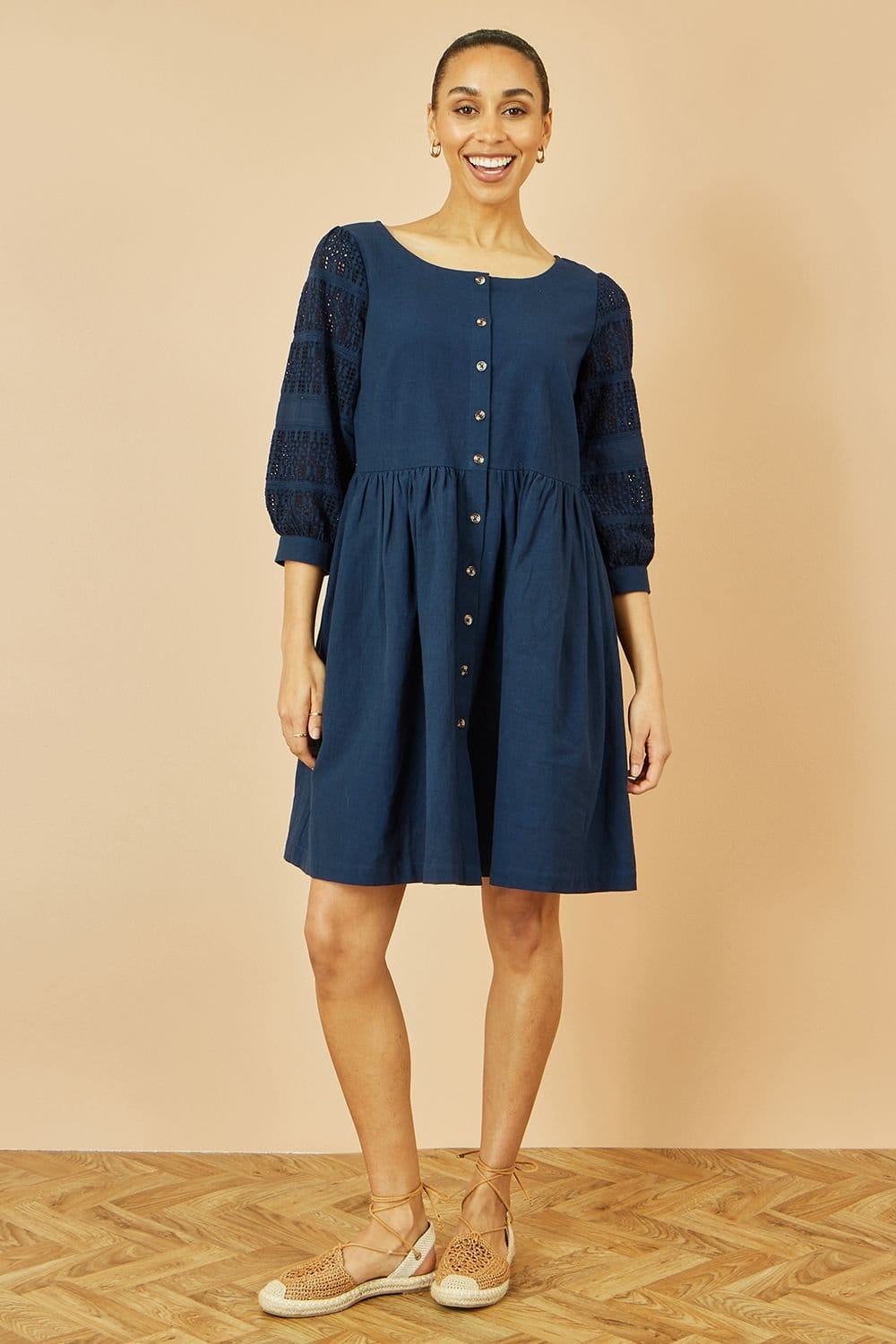 Yumi Yumi Women's Navy Cotton Tunic With Broderie Anglaise Puff Sleeves - 2