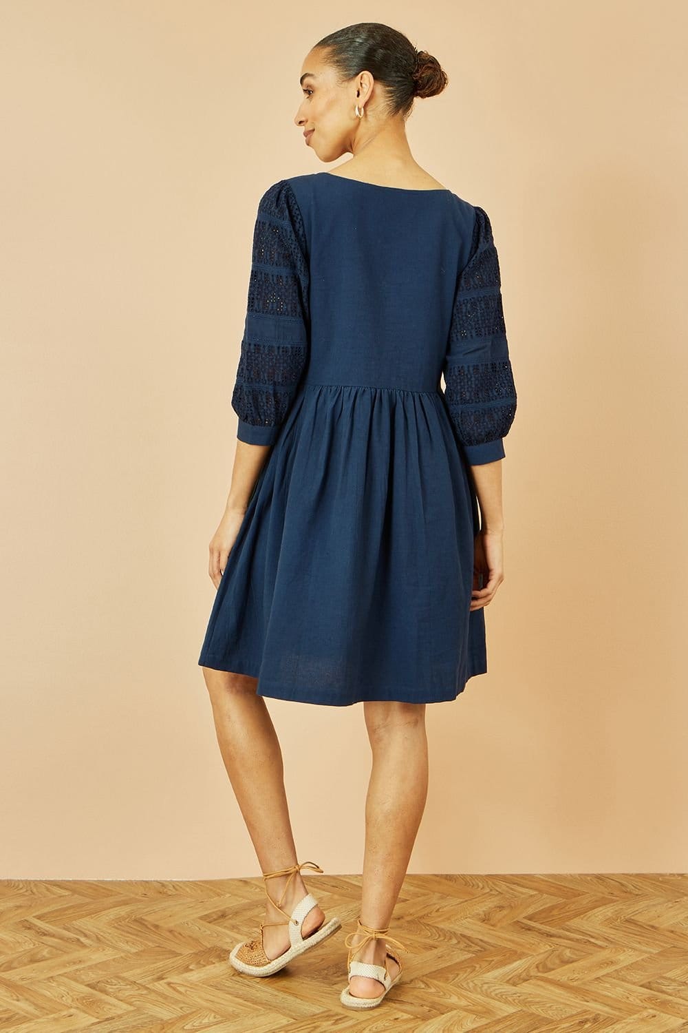 Yumi Yumi Women's Navy Cotton Tunic With Broderie Anglaise Puff Sleeves - 3