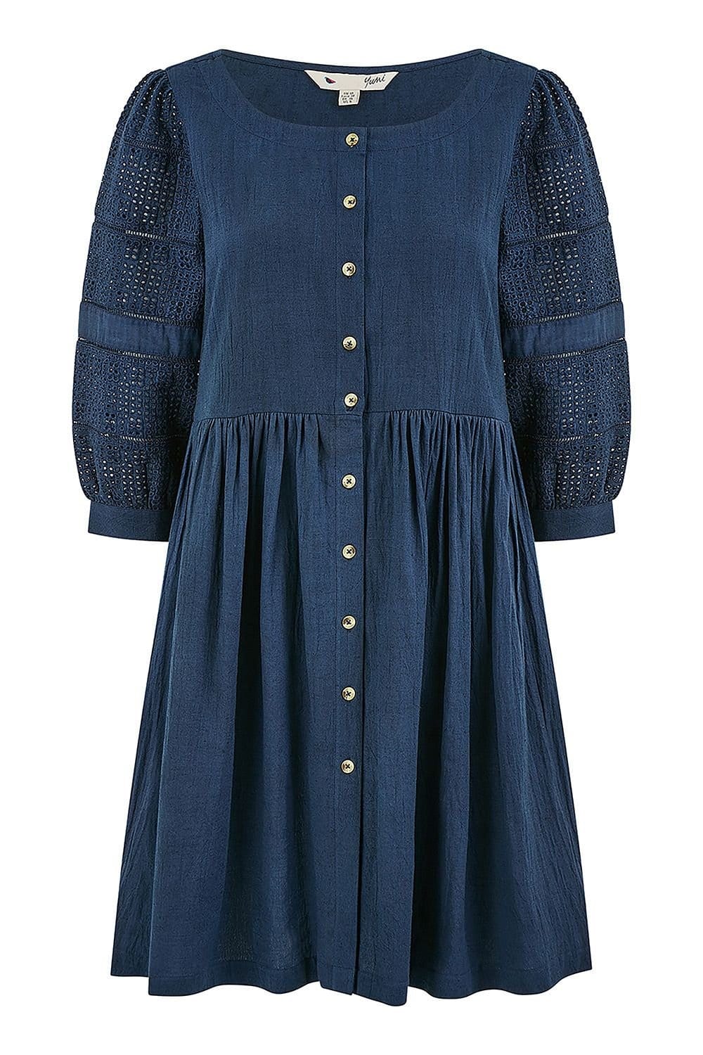 Yumi Yumi Women's Navy Cotton Tunic With Broderie Anglaise Puff Sleeves - 4