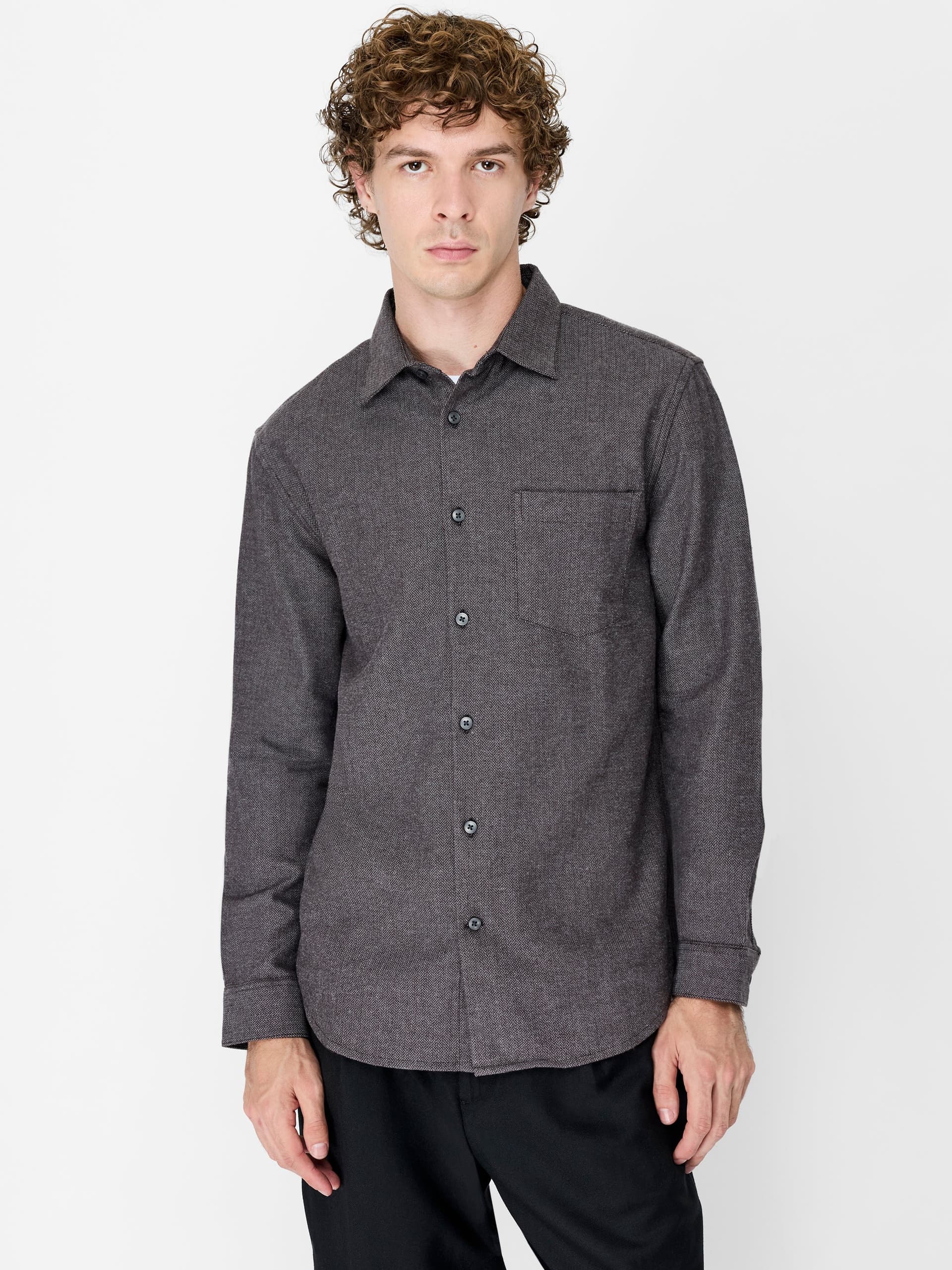 French Connection Dark Grey Herringbone Chest Pocket Shirt Charcoal / Taupe