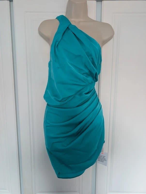 ASOS ASOS Design satin one shoulder drape mini dress in blue size 4