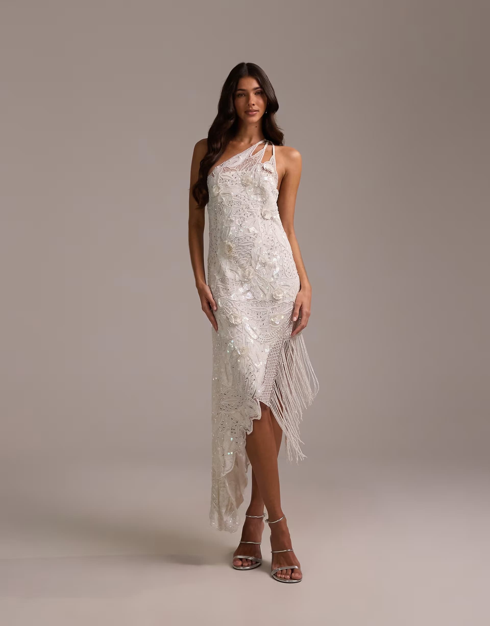 ASOS ASOS DESIGN embellished one shoulder cutwork midi dress with asymmetric fringe hem in white