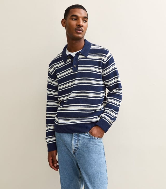 jack & jones Men's Dark Blue Striped Polo Jumper Jack & Jones New Look - 2