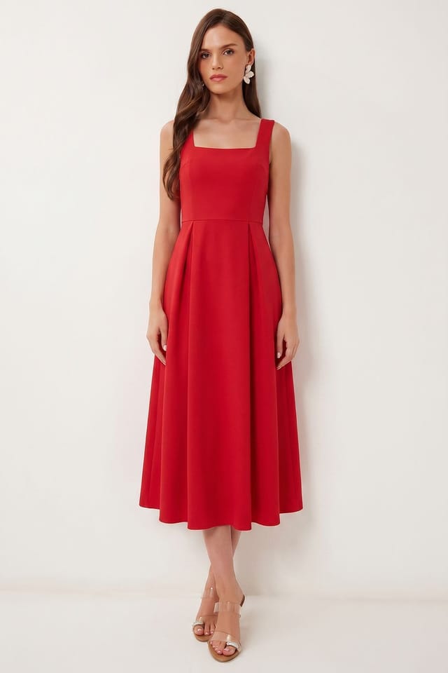 Happiness Istanbul Happiness Istanbul Women's Square Collar A-Form Midi Dress with Zipper Closure in Red - 2