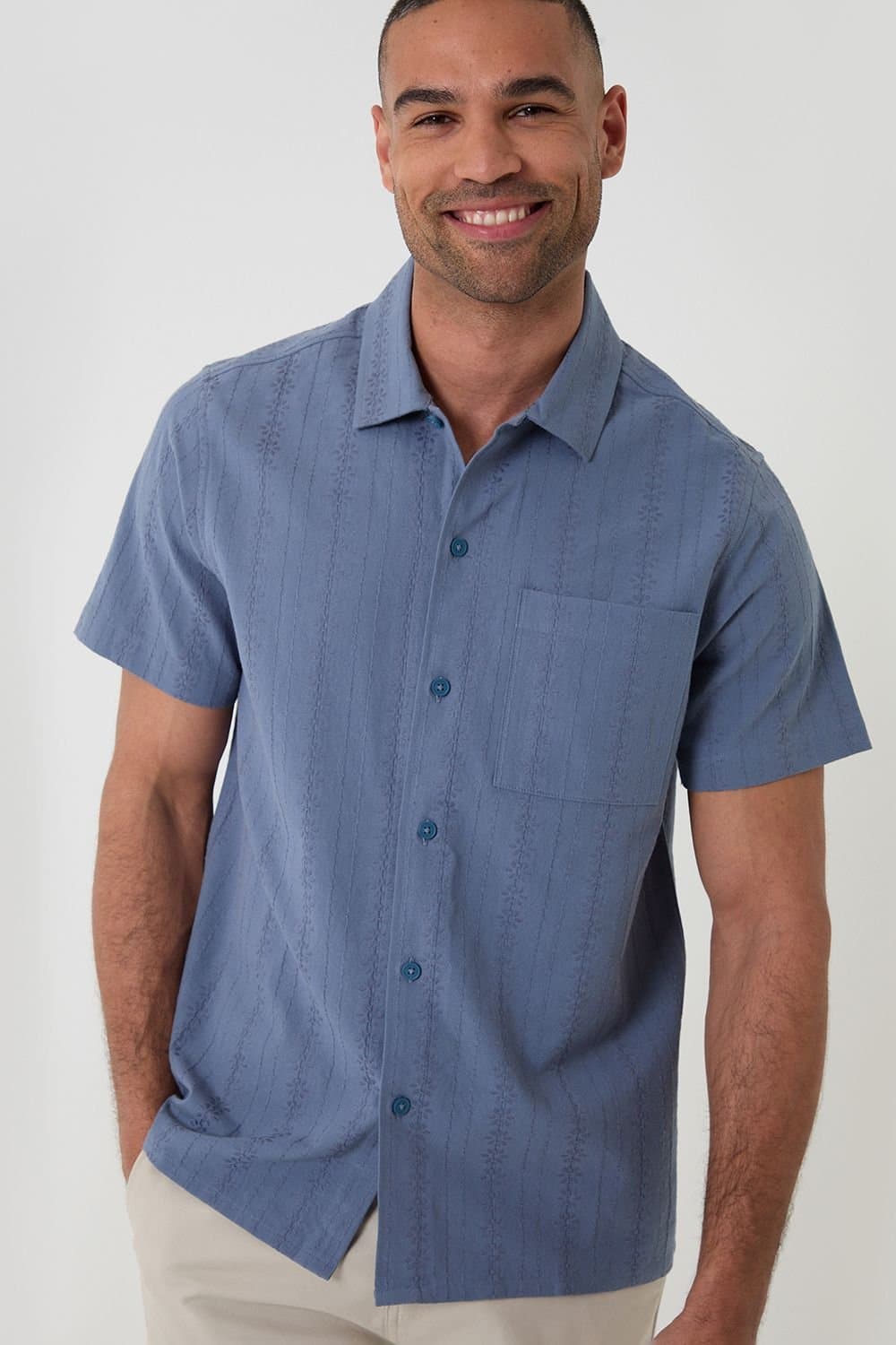 Threadbare Threadbare Men's Textured Cotton Short Sleeve Shirt in Blue