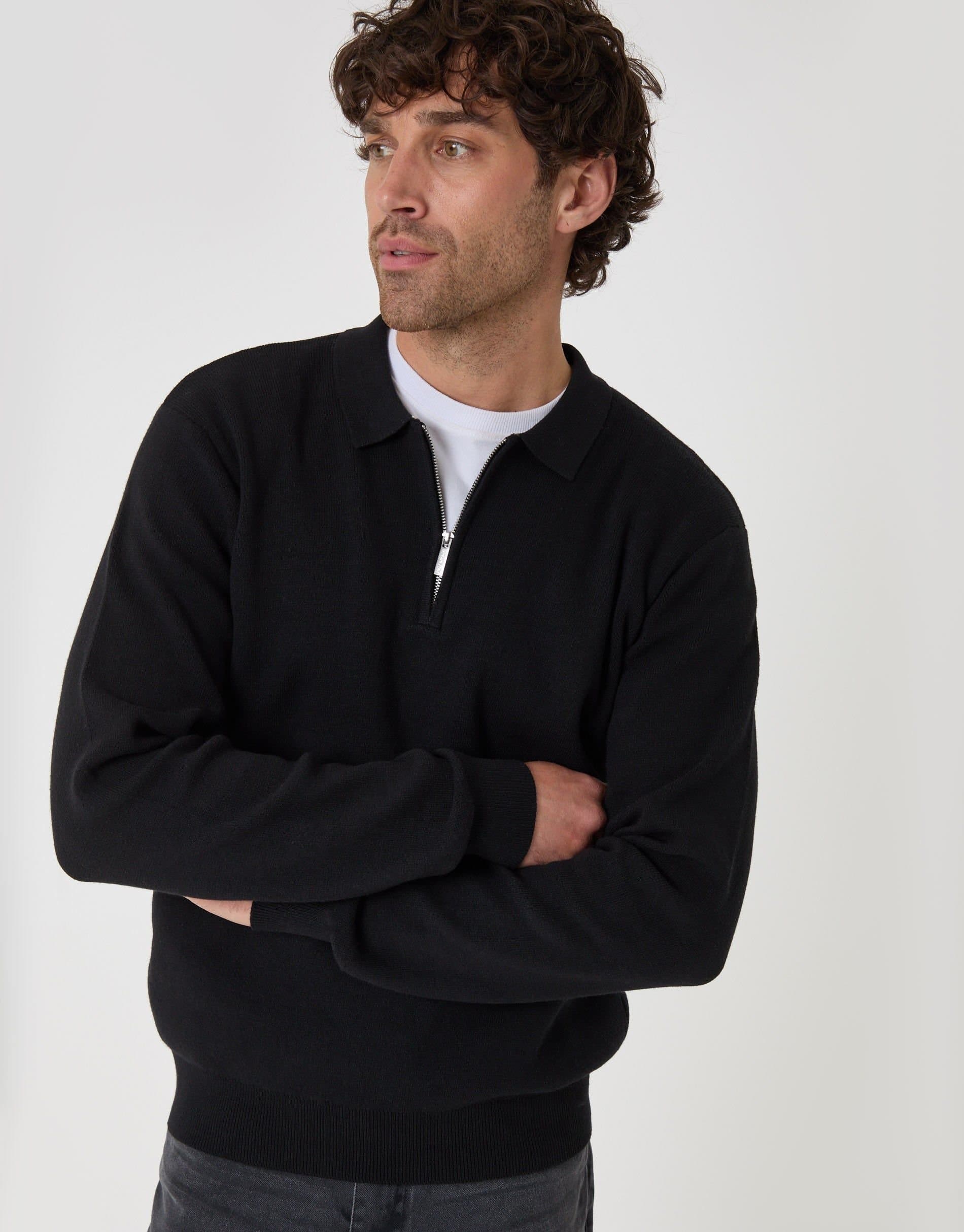 Threadbare threadbare Men's Cotton Rich Quarter Zip Long Sleeve Polo in Black