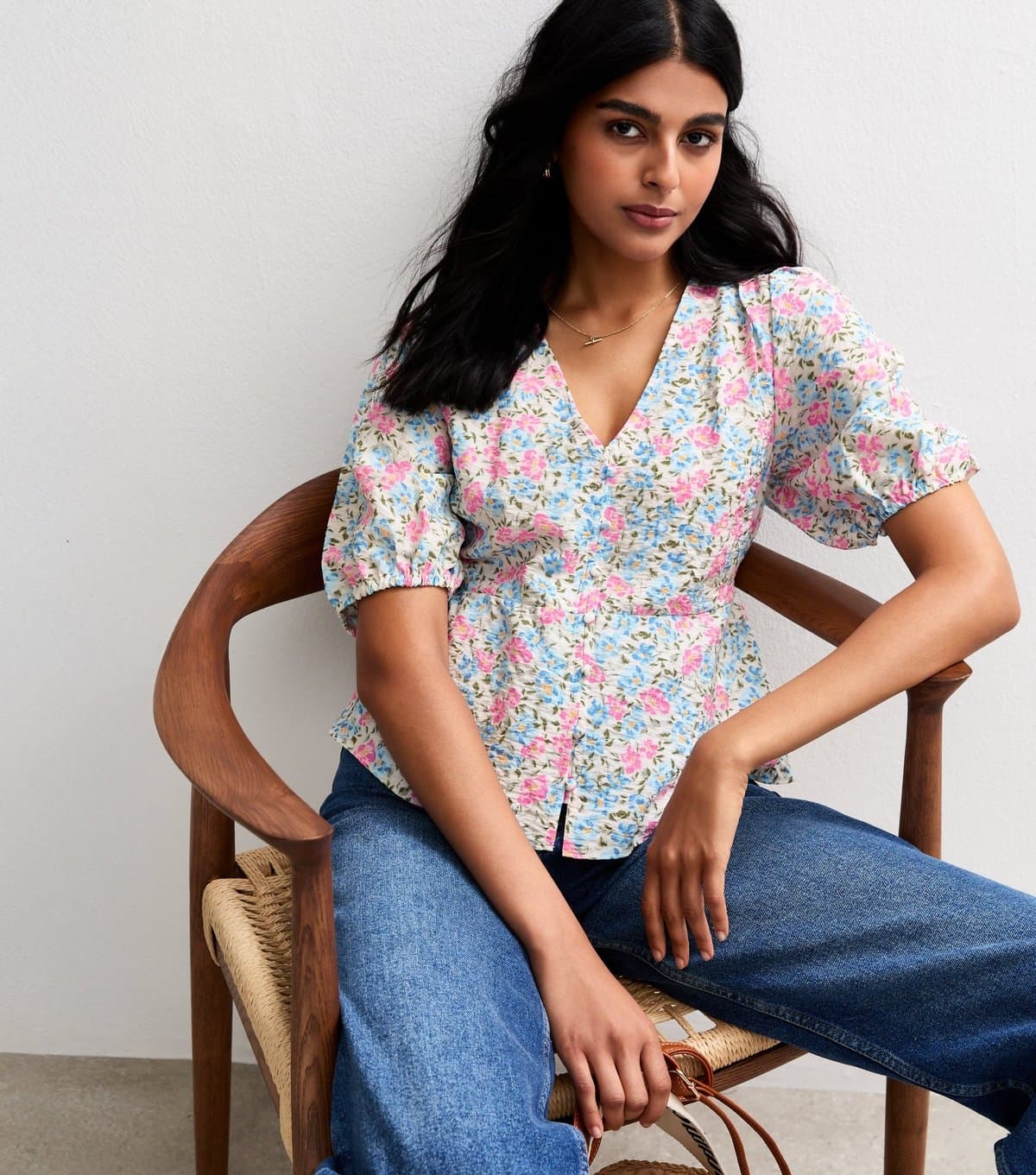 New Look New Look Pink Floral Print Creased Texture Tea Blouse