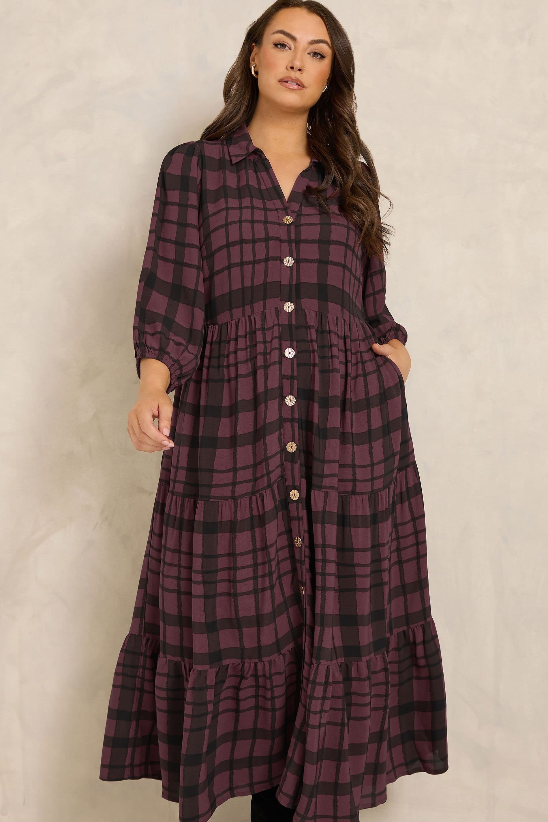 Evans Evans Women's Check Tiered Maxi Dress in Burgundy
