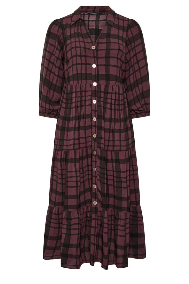Evans Evans Women's Check Tiered Maxi Dress in Burgundy - 2