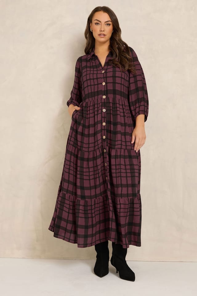 Evans Evans Women's Check Tiered Maxi Dress in Burgundy - 3