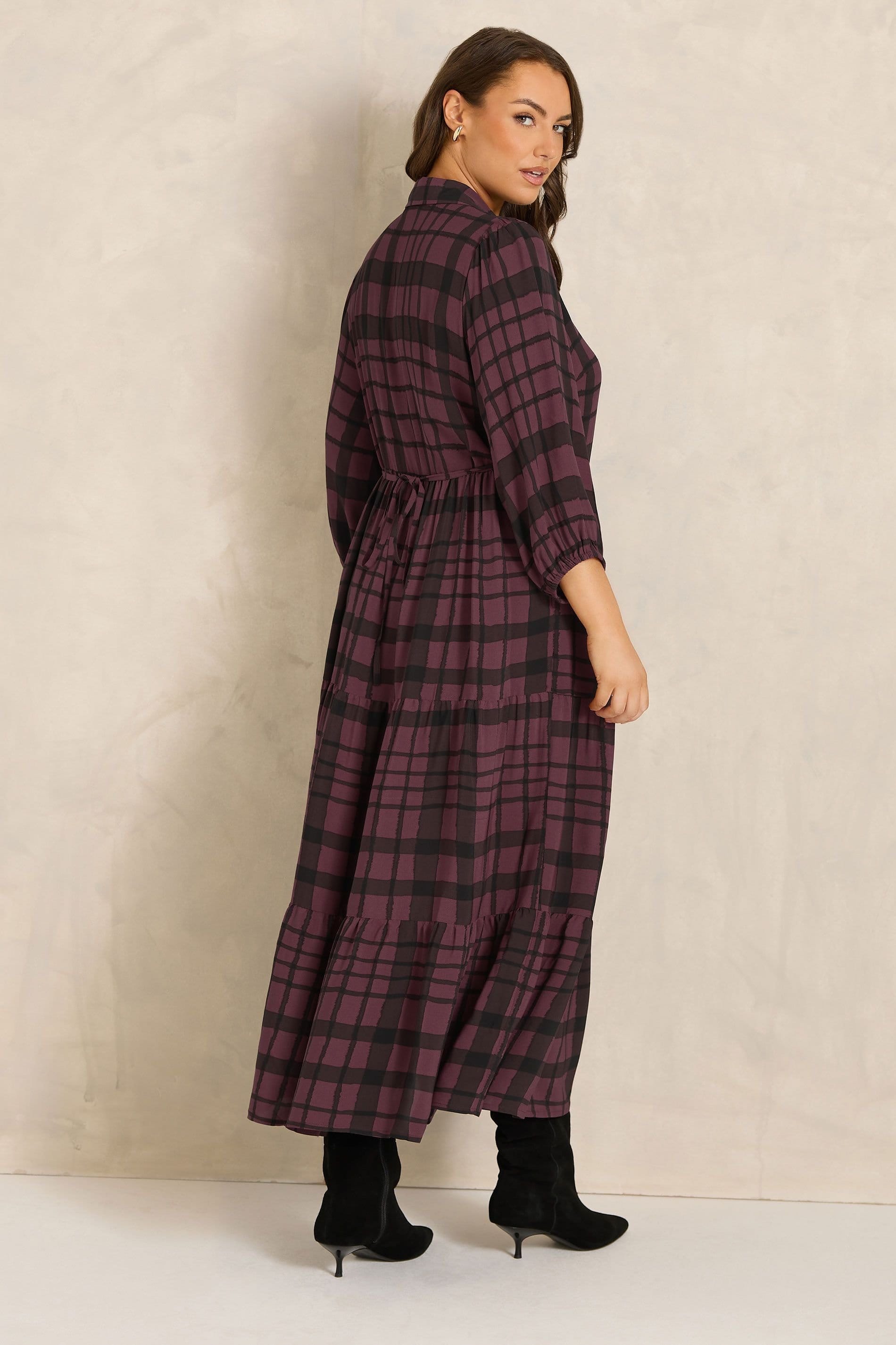 Evans Evans Women's Check Tiered Maxi Dress in Burgundy - 4