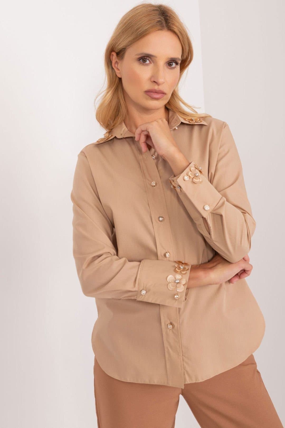 Love Lace Love Lace Beige Cotton/Zircon Classic Long Sleeve Shirt