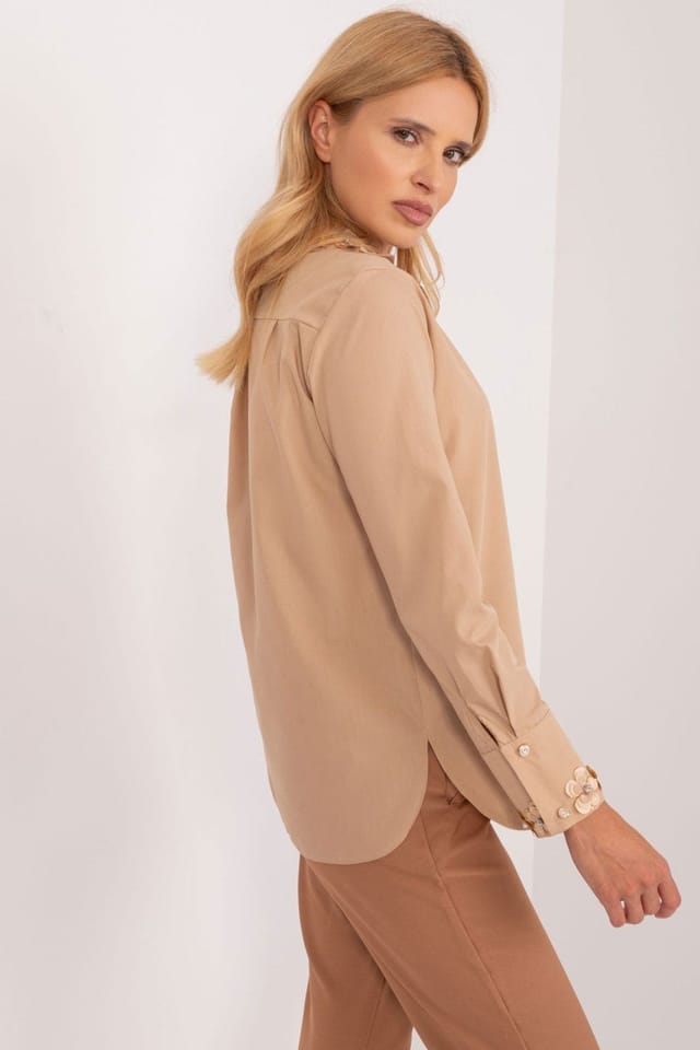 Love Lace Love Lace Women's Classic Long Sleeve Shirt with Embroidered Cuffs in Beige - 3
