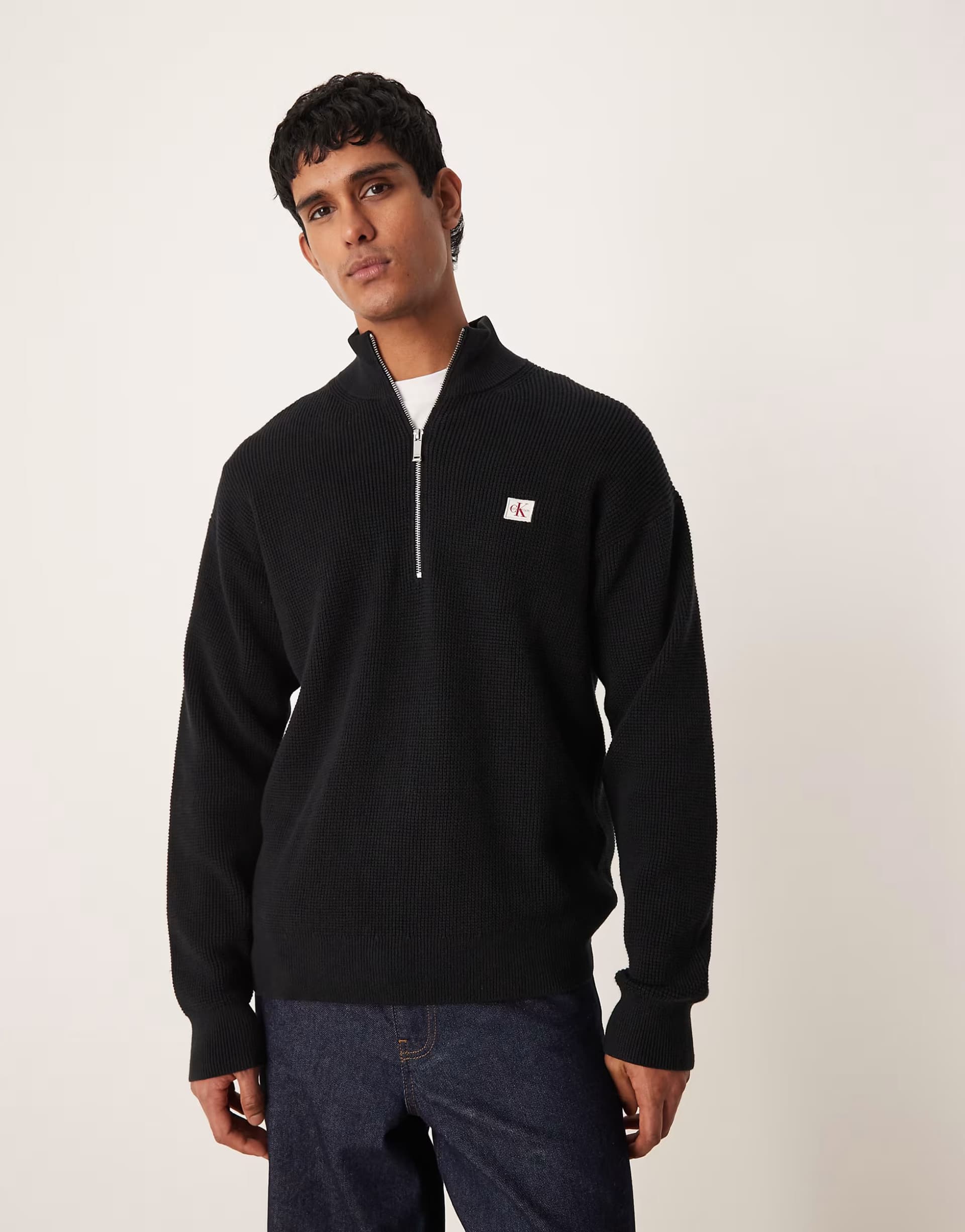 ASOS Calvin Klein Jeans waffle quarter zip jumper in black