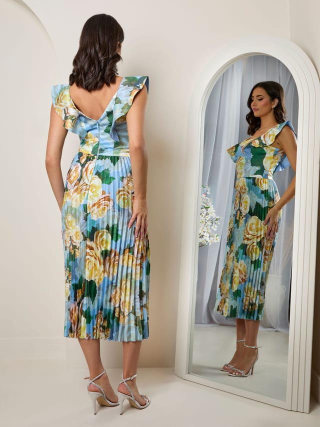 chi chi london Chi Chi London Women's Ruffle Floral Print Midi Dress in Blue - 3
