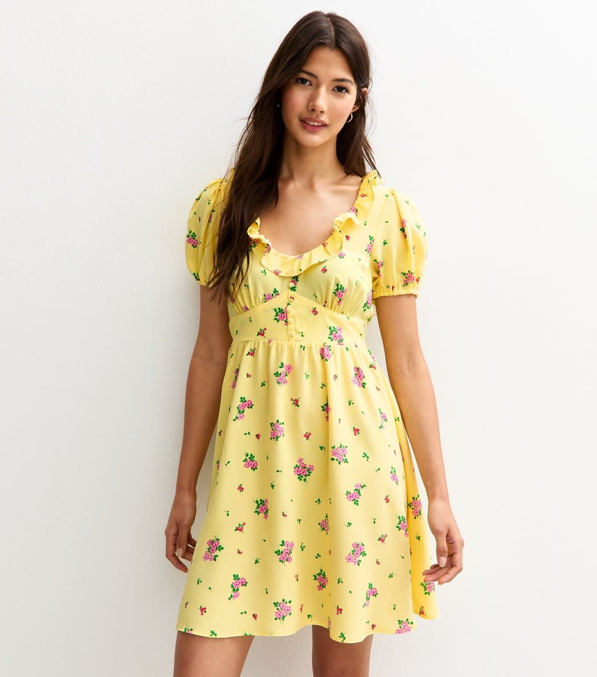 New Look Women's Yellow Ditsy Print Ruffle Trim Faux Button Mini Dress New Look