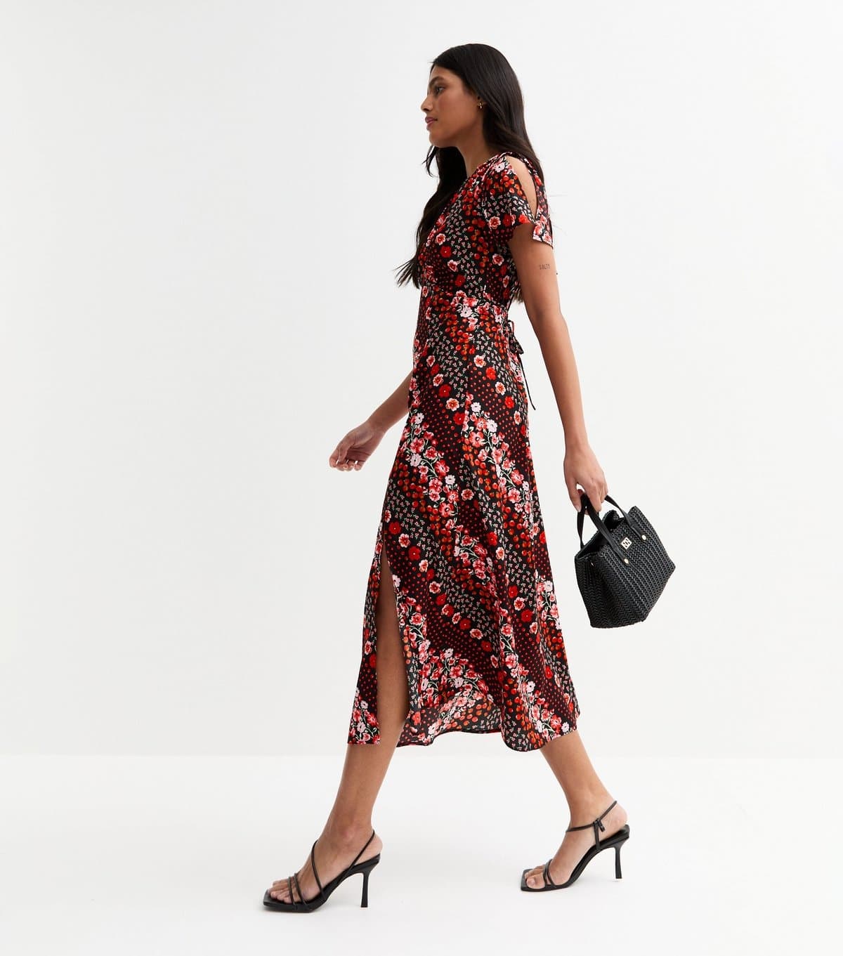 New Look Women's Black Floral Apple Print Flutter Sleeve Midi Dress New Look