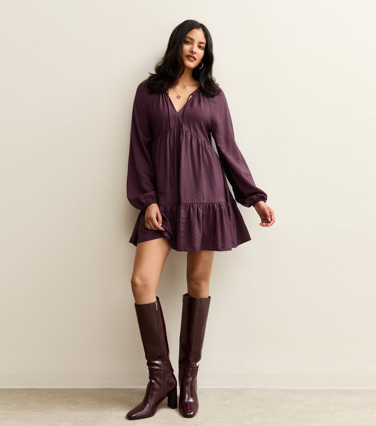 New Look Dark Purple Woven Tiered Mini Dress