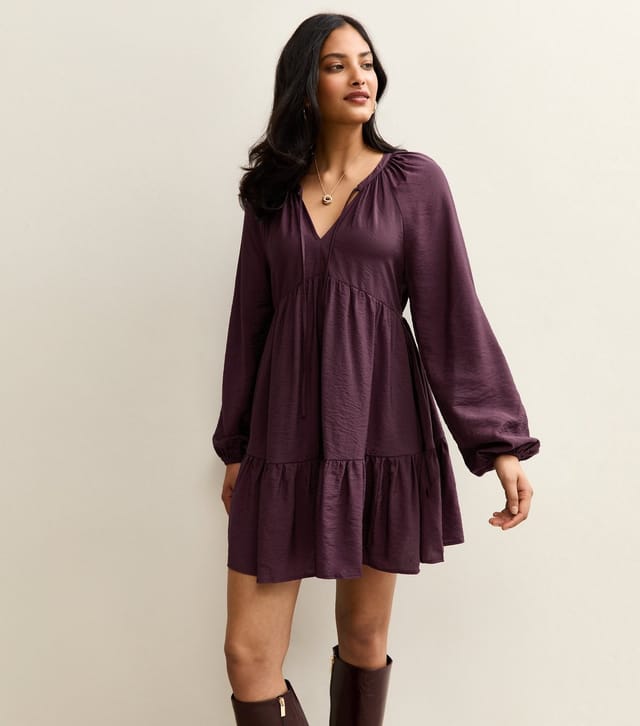 New Look Women's Dark Purple Tie Neck Tiered Mini Dress New Look - 3