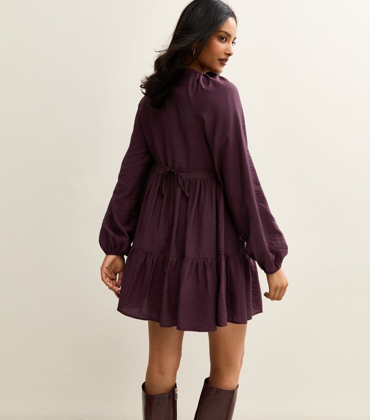 New Look Women's Dark Purple Tie Neck Tiered Mini Dress New Look - 4