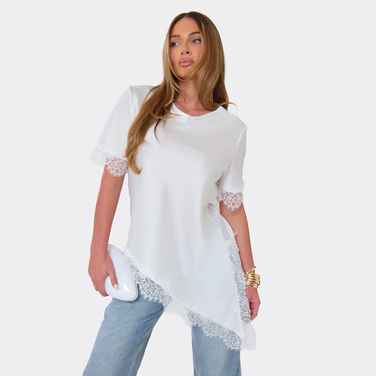 EGO Short Sleeve Asymmetric Lace Trim T-Shirt In White, Women's Size UK L - 1