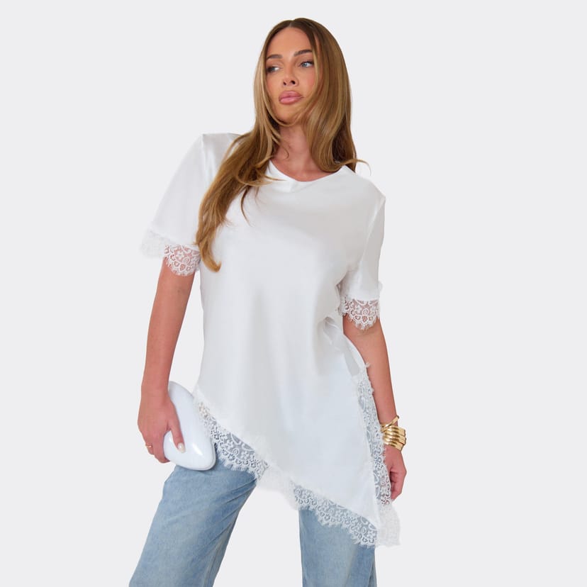 EGO Short Sleeve Asymmetric Lace Trim T-Shirt In White, Women's Size UK L - 1