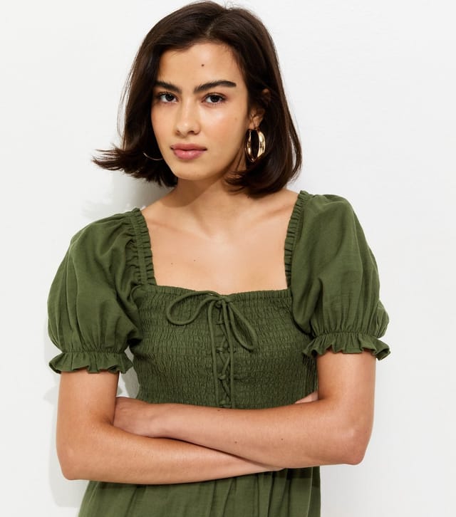 New Look Women's Dark Khaki Cotton Shirred Short Sleeve Midi Dress New Look - 3