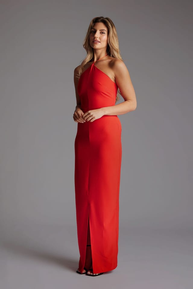 Vesper Vesper Women's High Neck Maxi Dress with Front Split in Red - 2