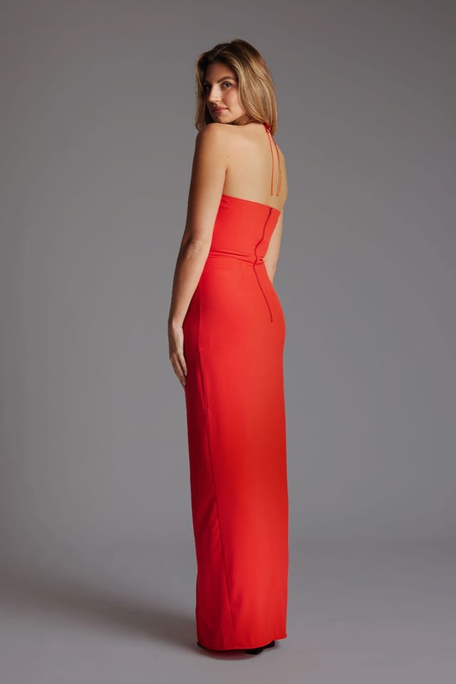 Vesper Vesper Women's High Neck Maxi Dress with Front Split in Red - 3