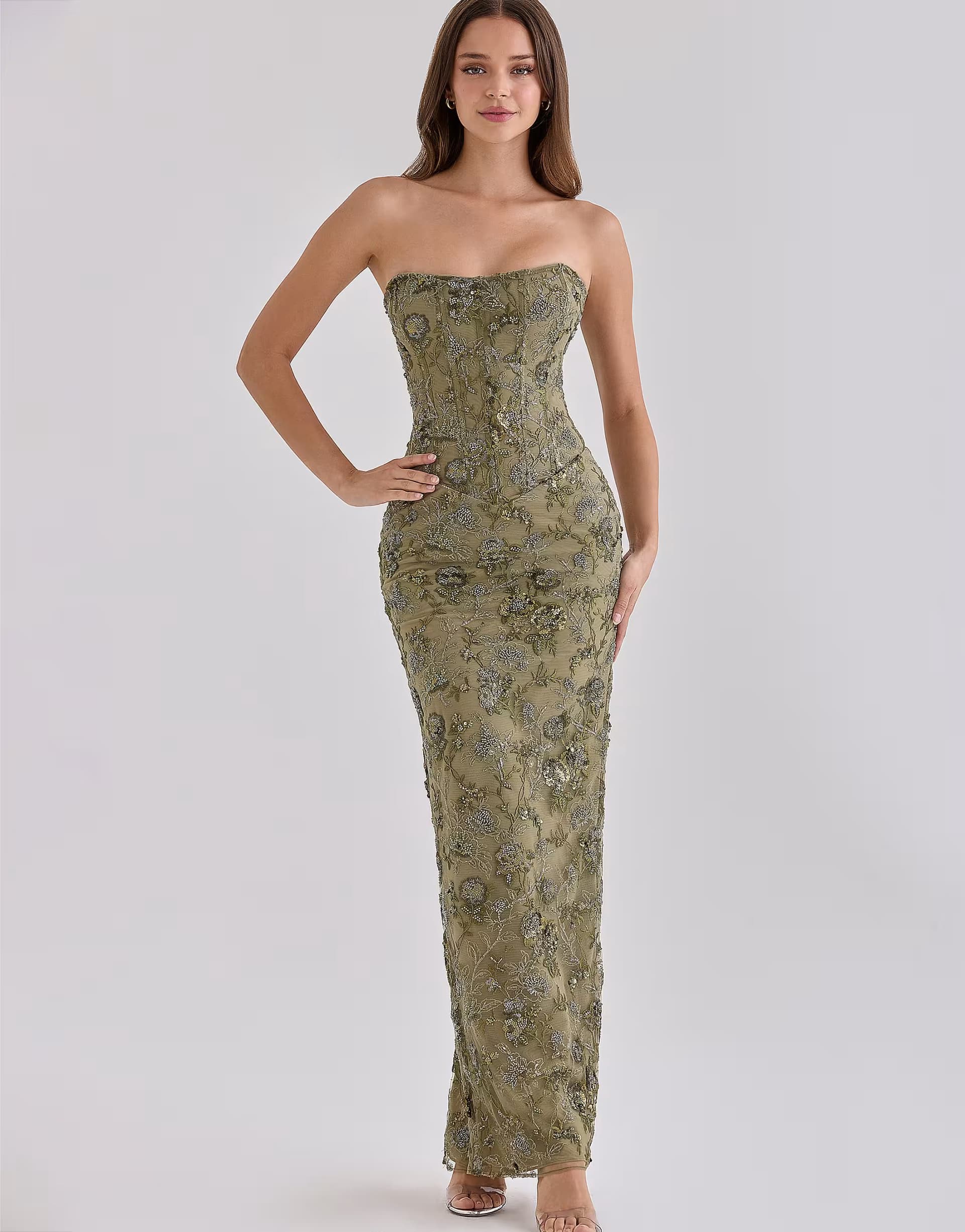 ASOS House of CB Anisa olive hand beaded embellished strapless maxi dress - limited edition in olive