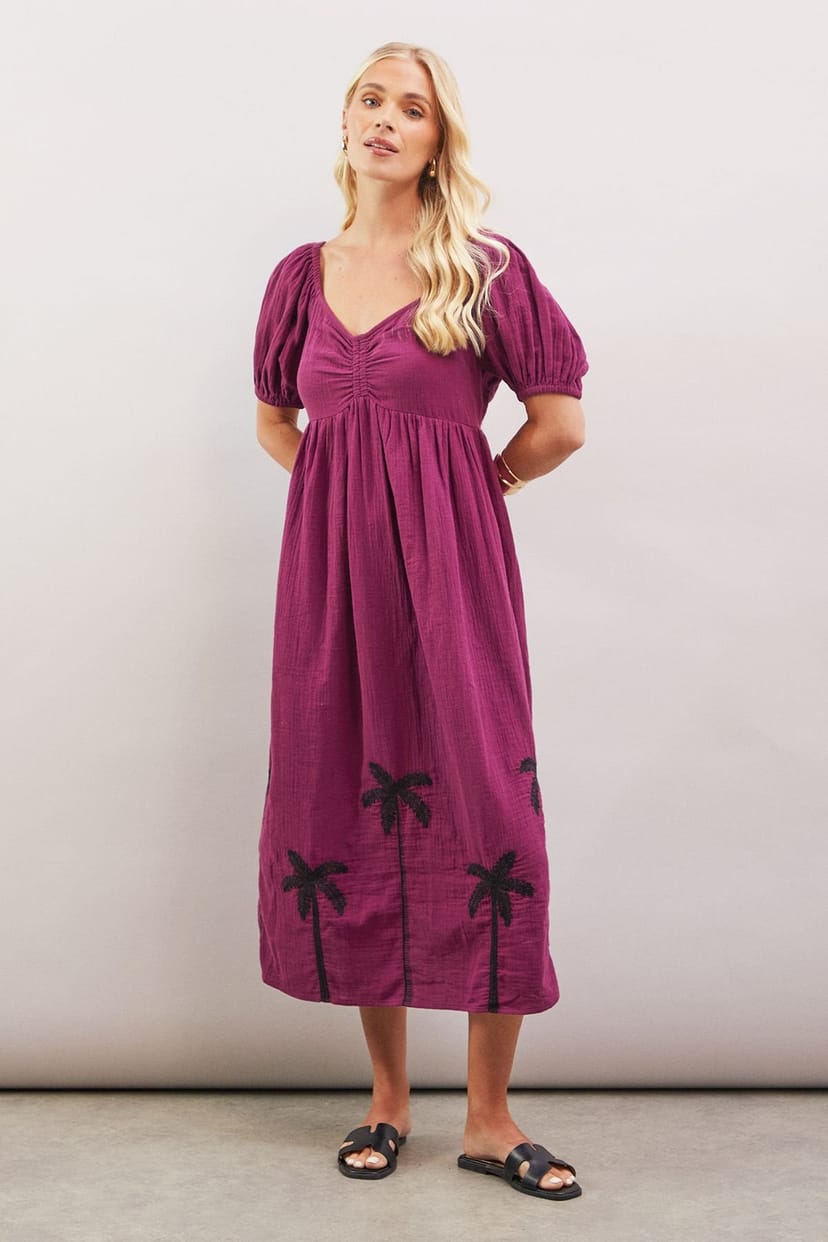 Wallis Wallis Women's Petite Palm Embroidered Textured Midi Dress in Plum - 1