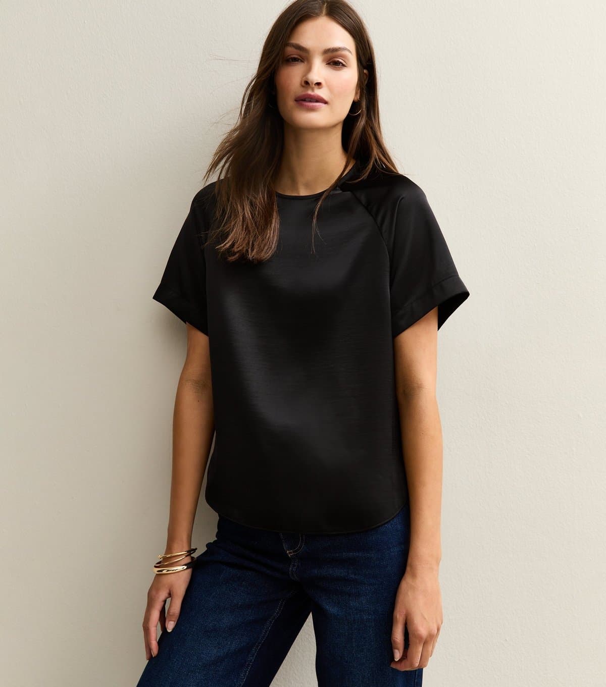 New Look New Look Tall Black Satin Short Sleeve Top